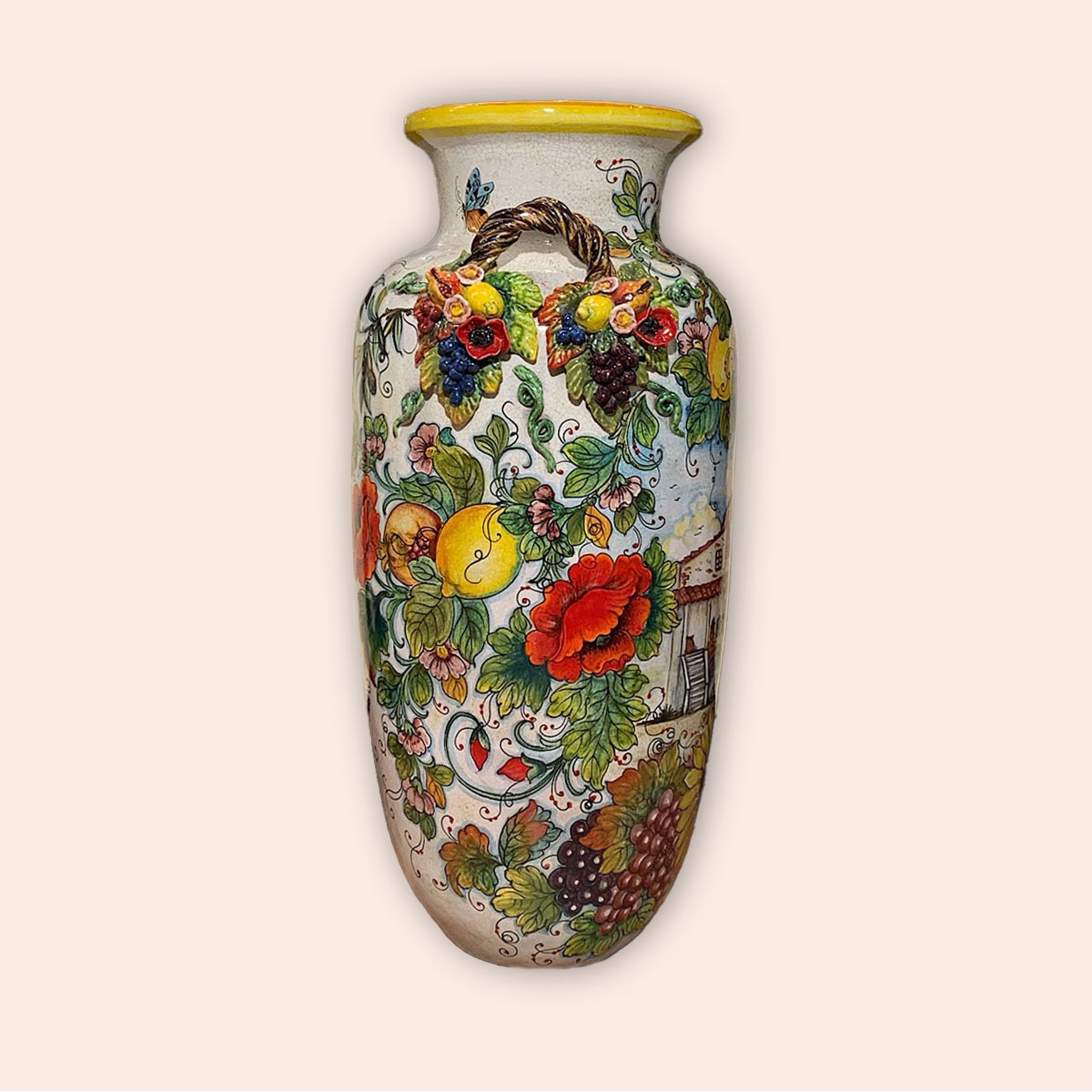 MISSILE-SHAPED TALL VASE WITH COUNTRYSIDE SCENES AND POPPIES cm.100h